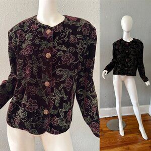 Vintage 80s Velvet Floral Tan Jay Button Evening Jacket XL